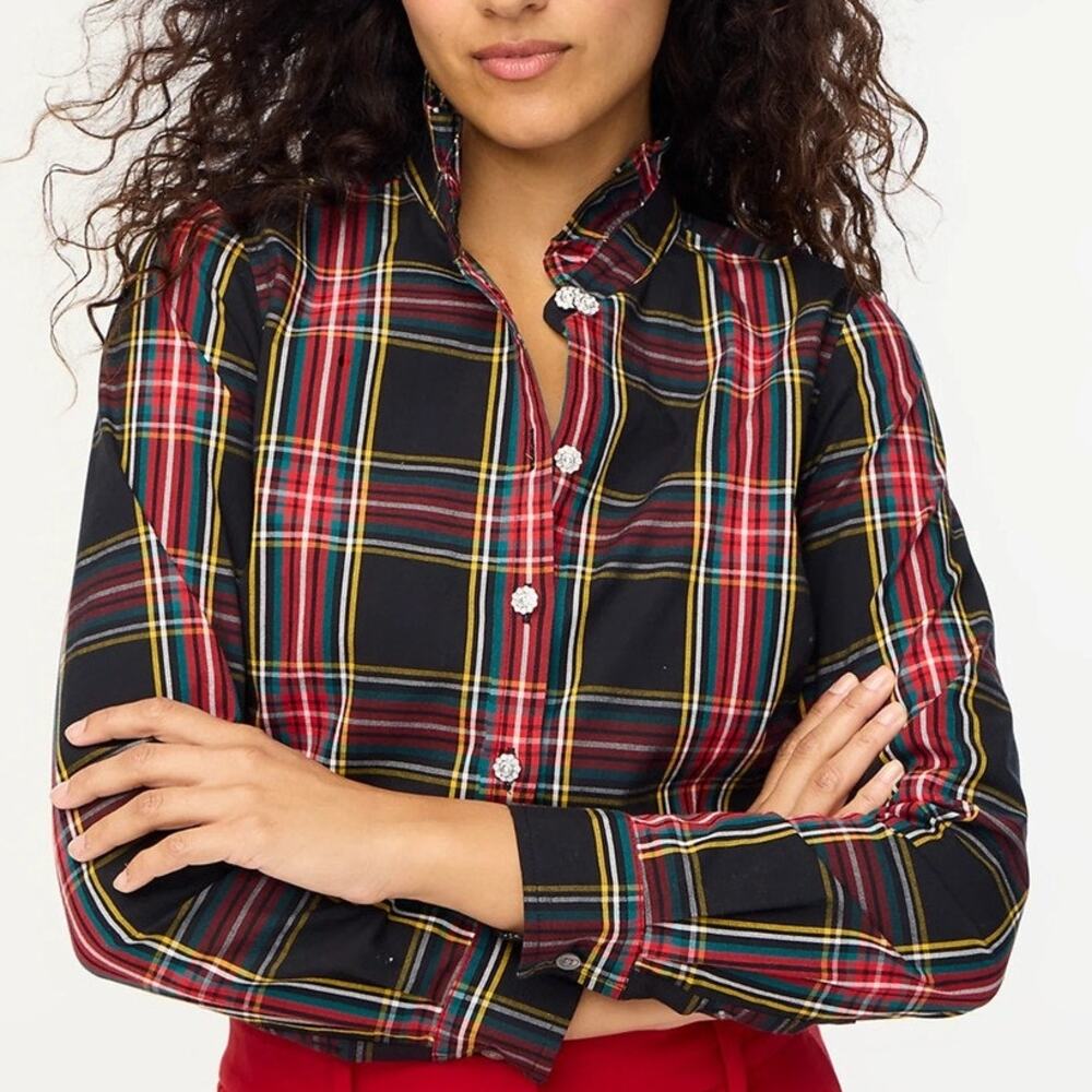 J. Crew Black Tartan Plaid Ruffle Neck Jewel Button Front Blouse Size XXS